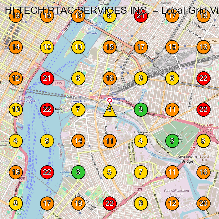 HI TECH PTAC SERVICES INC. Air Conditioning Contractor GeoGrid ranking map for Queens NY
